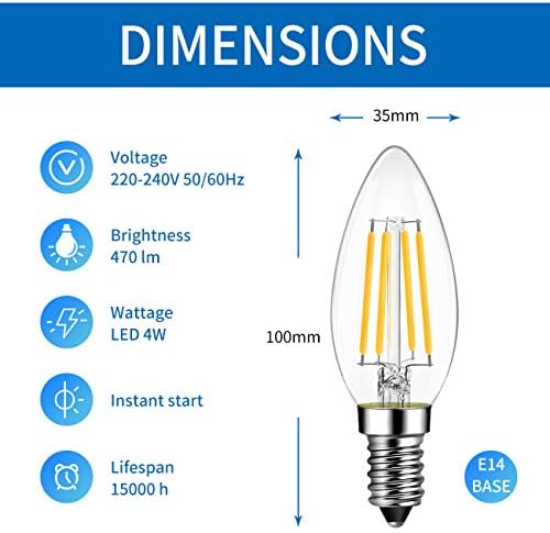 ANWIO Daylight E14 LED Candle Filament Bulbs, 40W Incandescent Bulbs Equivalent, 4W Energy Saving Light Bulbs,C35 SES Small Edison Screw Led Bulbs,Cool White 6500K, 470Lm,Non-Dimmable (6 Pack)