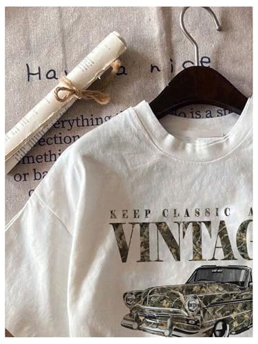Image of RoseSeek Women's Graphic Letter Tee Crew Neck Drop Shoulder Trendy Summer T Shirt Short Sleeve Vintage Car Print Top