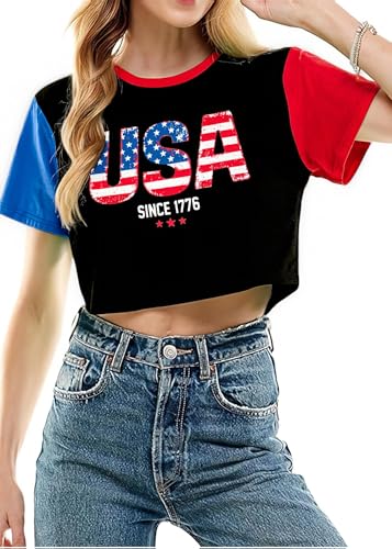 Image of MYHALF Women USA Flag 250th Patriotic 4th July Memorial Day Crop Shirt