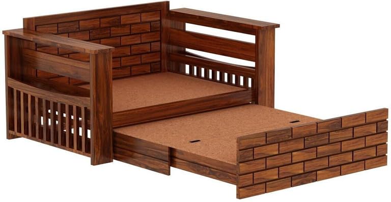 Image of Solid Sheesham Wood Sofa Cum Bed 2 Seater | Wooden Foldable Double Bed for Living Room with Headboard & Storage | Bed Cum Sofa with Mattress for Bedroom Furniture (Honey Finish)