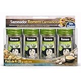 Sazonador Romero Carmencita, Ideal para conejo, patatas, paellas y guisos, si infusionas con el agua de un asado de cordero, su aroma impregnará más la carne, Sin Gluten, Contiene 4 unidades de 25 g