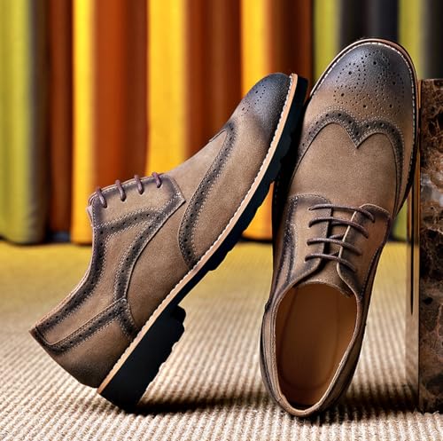 Men's Suede Leather Wingtip Vintage Oxfords Low Top Lace-Up Low Block Heel Carved Brogue Dress Derby Shoes for Casual Business2