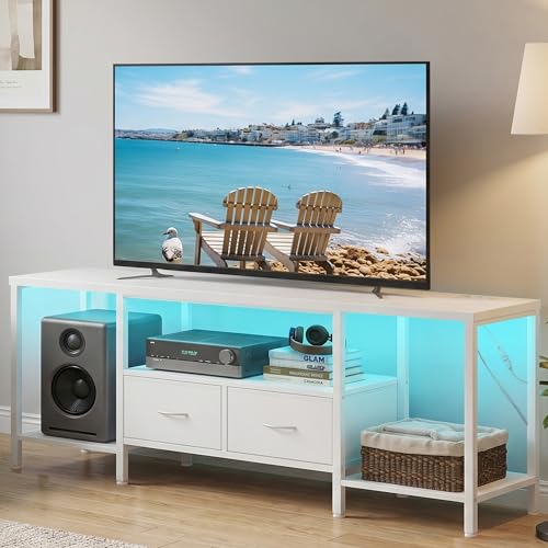 Image of SONGMICS BELLAH Collection - TV Stand with Power Outlets and Lights, Entertainment Center Media Console for TVs Up to 70 Inches, Living Room, Shelves, Drawers, Modern, Cloud White ULGS420W101S