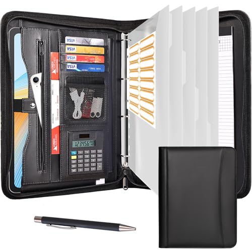 Leathario Carpeta de Conferencias Organizadora Personal de Viaje Portafolio de A4 Documentos con Cierre de Cremallera con Panel de Escritura Calculadora Solar