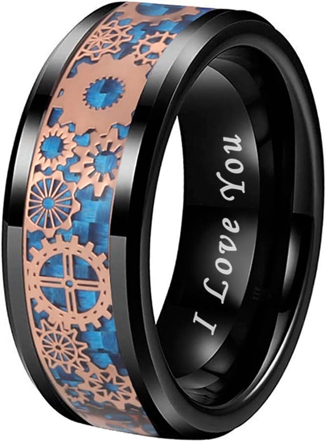 8mm Blue Red Green Carbon Fiber Steampunk Gear Inlay Silver and Black Tungsten Rings for Men Women Wedding Bands Beveled Edges I Love You Engraved Comfort Fit