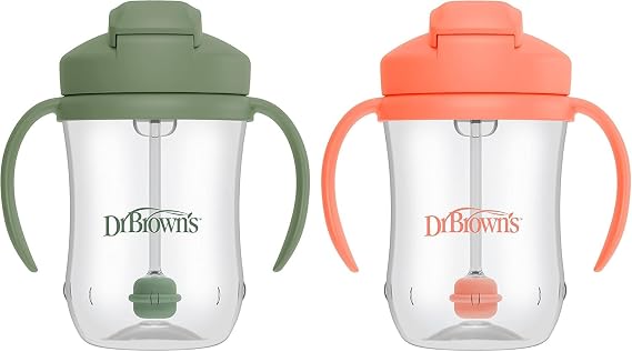 Dr. Brown's Milestones, Baby's First Straw Cup Sippy Cup with Straw, 6m+, 9oz/270ml, 2 Pack, Coral & Olive Green, BPA Free