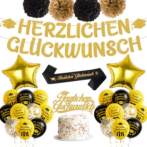Tasoraor Abitur Deko Abschluss Set - Herzlichen Glückwunsch Banner Girlande und Schärpe für Abschlussfeier Schulabschluss Graduation Latexballons mit Druck Seidenpapier Pompons (Schwarz Gold)