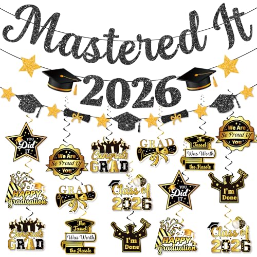 Mastered It Graduation Decorations Black Gold Glitter Mastered It Banner Garland Hanging Swirls Masters Graduation Decorations Mastered It 2026 Banner Class of 2026 You Did It Decorations for Party