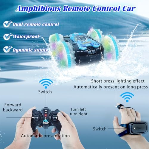 Amphibious Remote Control Car Boat, 4WD Gesture RC Car with Waterproof Remote Control, RC Stunt Car with LED Lights, Pool Toys for Kids Ages 6-12, Toys Gifts for Boys Girls 3