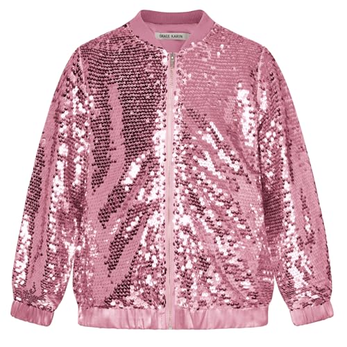 GRACE KARIN Pink Sequin Jacket for Girls Kids Christmas Long Sleeve Fall Winter Fashion Party Outwear Size 10-12