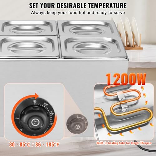 VEVOR kommerzieller Speisenwärmer 13,5 L Speisebehälter 6 x 1/6 Größe, elektrische Warmhalteplatte, 1200 W Profi Buffet-Wasserbad aus Edelstahl, Buffet-Bain-Marie, 30–85 °C Temperaturregelung – Bild 4