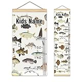 Personalized Kids Name Growth Chart Ruler for Wall Wood Frame Height Measure Chart 13.4x56 in Linen Hanging Height Growth Chart Colored Fish Drawing Kids Room Decor