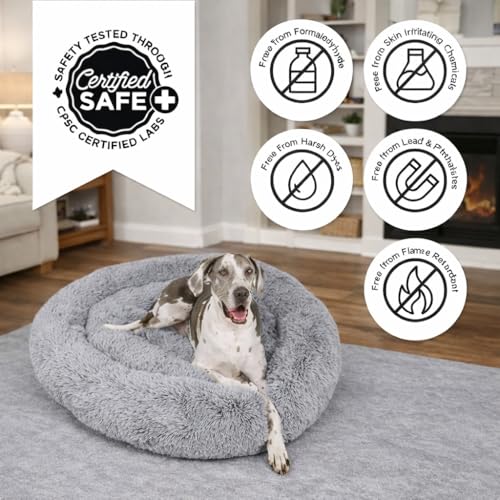 Image of ZEXSAZONE Summer Dog Calming Donut Bed for X-Large Size Dogs & Cats - 110x110x22 | Ultra-Soft Brown Color Faux Fur | Anti-Anxiety Comfy Pet Bed for Cozy Deep Sleep