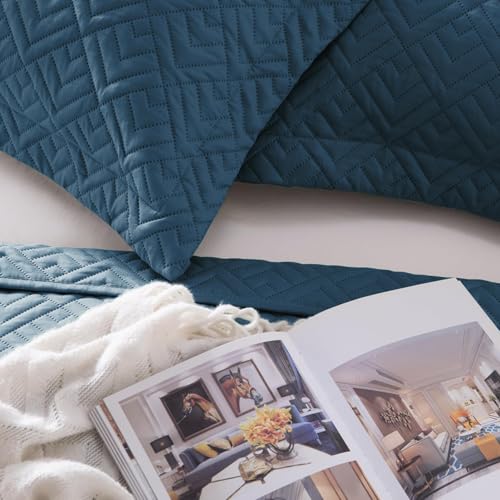 Image of VAS COLLECTIONS 100% Cotton Ultrasonic Quilted King Bedspread Set, 280 TC Soft Lightweight Stitch-Free Coverlet, 90x100 Inches, with 2 Pillow Covers (Blue)