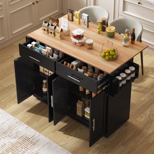 Huayz Isla de cocina armario de cocina con encimera con tablero plegable, 120 x 46 (70) x 91 cm, color negro con ruedas y patas de madera intercambiables, Kitchen Island independiente, para cocina y