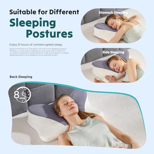 Image of DUMOS Cervical Neck Pillow, Cooling Ergonomic Memory Foam Pillows for Neck Pain Relief with Breathable Pillowcase, Dual Height Orthopedic Support Contour Pillow for Side, Back, Stomach Sleepers, Grey