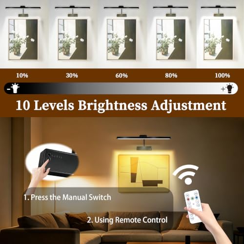 Image of MIOBLUE Picture Light for Wall, 4800mAh Rechargeable Wireless Remote, 15in Dimmable Timer LED Art Display Light with 3 Color Modes for Gallery, Dartboard, Living Room, Bedroom, Hallway-Black