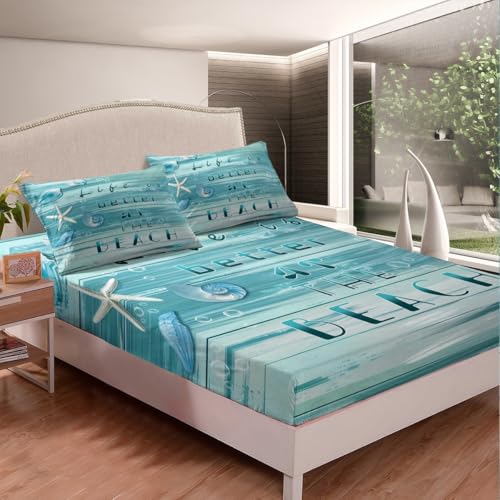 Homemissing Seestern Bettlaken Set Küstenstrand Spannbettlaken 160x200cm für Kinder Jungen Mädchen Bauernhaus Holz Sommer Hawaiianisches Seeleben Ozean Marine Muscheln Muster Ganze Saison