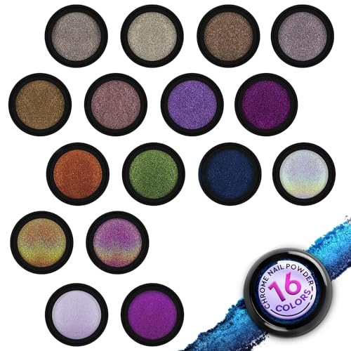 Chrome Nail Powder Set – 16 Colored Nail Chrome Powder Set with Gold, Silver, Copper, Blue, Green & Red Pigments – Mirror, Holographic & Chameleon Effects for Trendy Nails Looks with Luminous Shine
