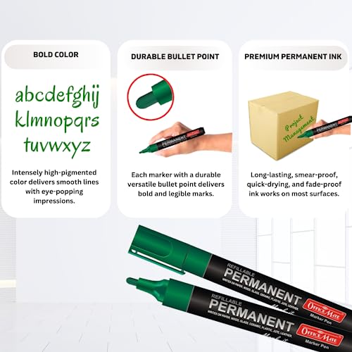 Image of Soni Officemate Permanent Marker Combo-Green | 4 Markers + 4 Inks | Waterproof & Refillable | Multi-Surface Use | 4.43 mm Tip