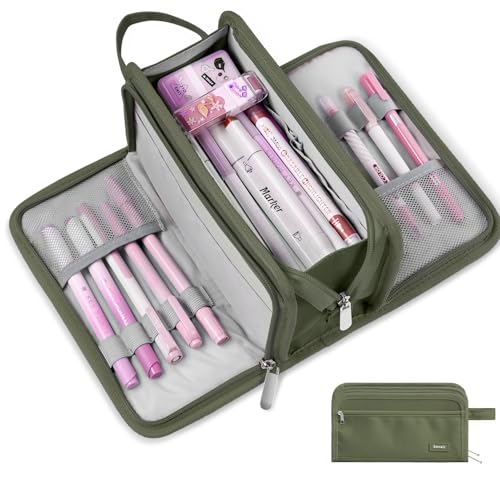 Image of Sooez Large Pencil Case, Big Capacity Pencil Pouch Pen Bag with 3 Compartment, Portable Canvas Stationery Organizer with Zipper, Cute Aesthetic School Supplies for Teen Girls, Army Green