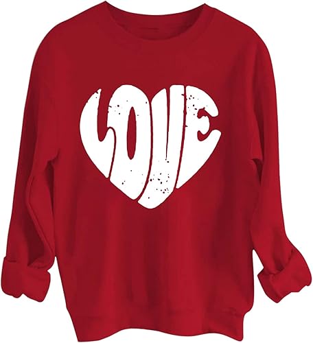 Sudadera para el día de San Valentín para mujer, diseño de corazón, manga larga, cuello redondo, lindo estampado de amor, camisas casuales