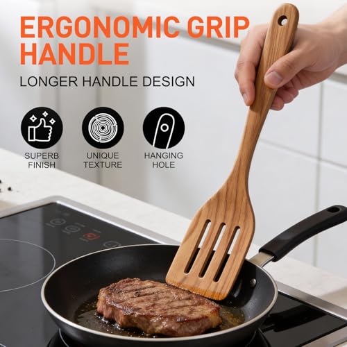 Image of 9 Pcs Wooden Spoons for Cooking Utensils with Utensil Holder Teak Wood Kitchen Utensils Set Flat Wooden Spatula Cooking Mixing Spoons Spaghetti Spoon Slotted Turner Scraper Spatula Large Utensils