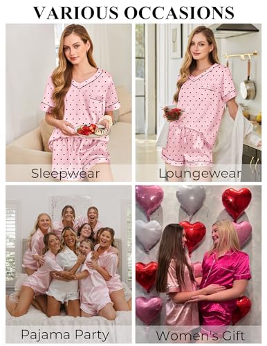 Image of Silk Pajamas for Women Short Sleeve Satin 2 Piece Pj Set Soft V Neck Sleepwear Loungewear, S-XXL