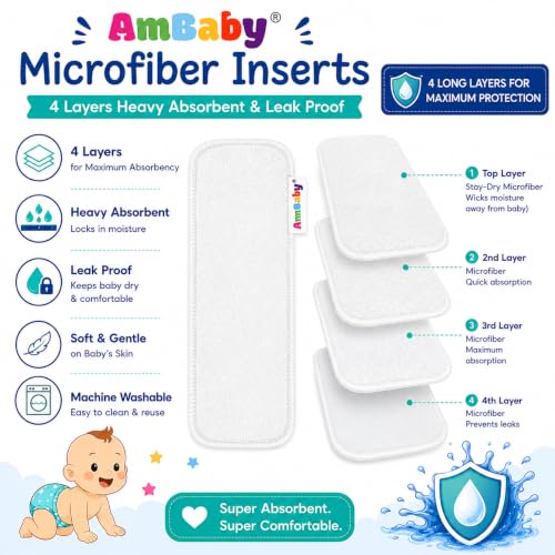 Image of Ambaby Pack of 4 Premium Pocket Cloth Diapers with 2 Diaper Covers & 2 High-Absorbency 4Layer Insert Pads. Leak-Proof, Adjustable, Breathable, Reusable & Washable. Fits Babies 3 Months-3 Years(3-18kg)(Pink)