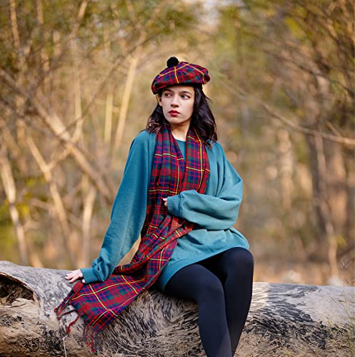 Image of Scottish Tam O' Shanter Hat Tartan Bonnet Pom Pom Wool Flat Cap One Size