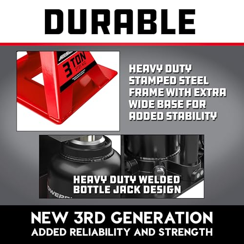 Image of POWERBUILT 3 Ton All-in-One Hydraulic Bottle Jack and Jackstand in One, Compact, Wide Base, 11-21 Inch Range, Eliminates Jackstands, for Trucks, SUVs, RVs, Trailers, ASME, Not for Sedans - 640912