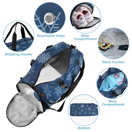 Dark Blue Snowflakes Girl's Gym Duffel Bag with Shoes Compartment Lightweight Weekender Overnight Duffel Bag for Beach Swim Bags Pool Sports4
