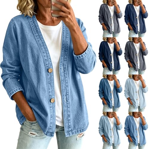 Sfascumop Denim Jacket For Women,Denim Jacket For Women Classic Button Front Breathable Stretch Jean Jackets Relaxed Fit Lightweight Casual Long Sleeve Cardigan Coat Sky Blue 01 Large