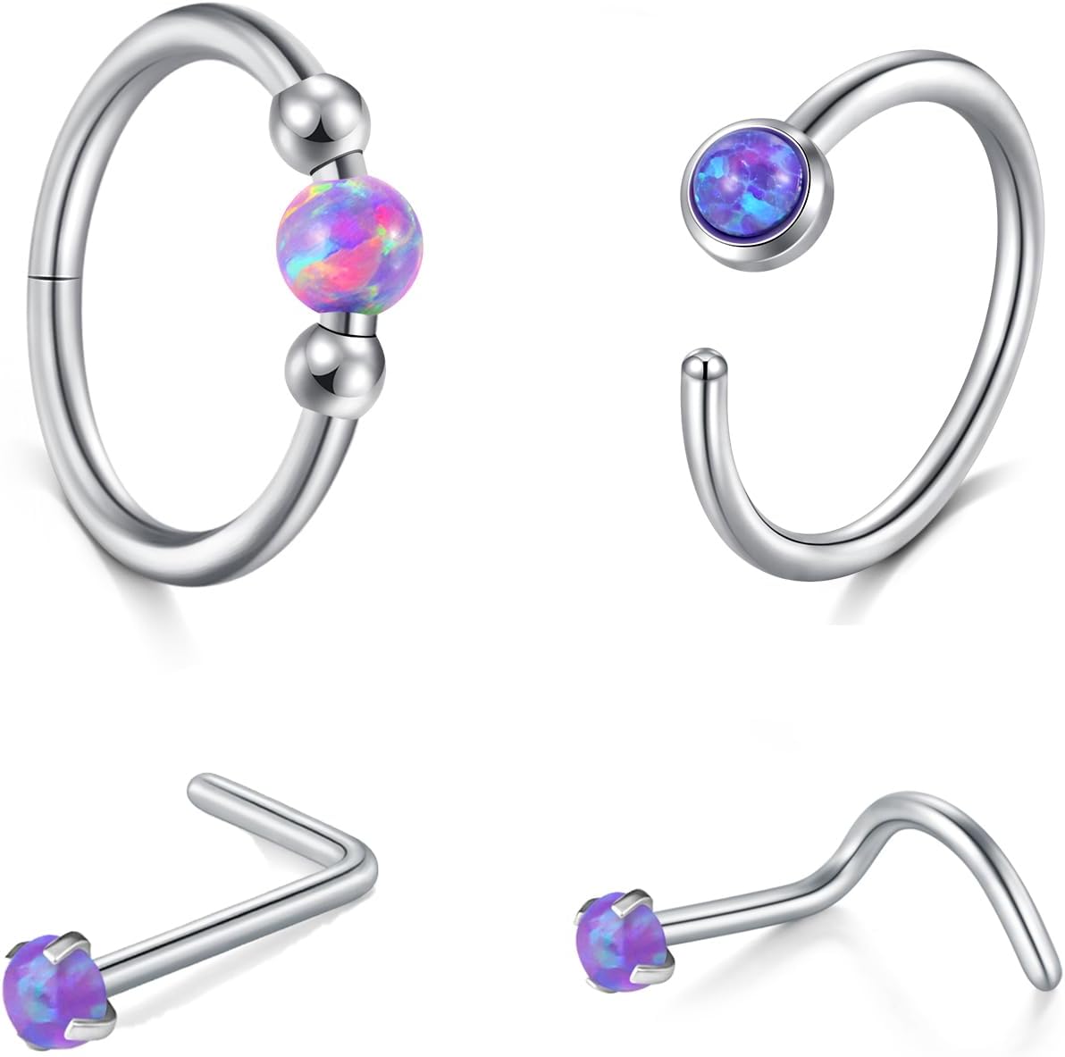 AVYRING Opal Nose Rings Hoops Set - 18g & 20g Nose Piercing Jewelry Surgical Steel Silver Nose Studs L Shaped Screw White Opal