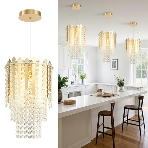 Fuloyst 9.6in Gold Pendant Light with K9 Crystals, 3-Light Modern Pendnant Lighting Fixture Small Hanging Ceiling Lamp Chandelier for Kitchen Island Dining Room Bedroom Entryway Foyer by Fuloyst - Used condition - US$24.73