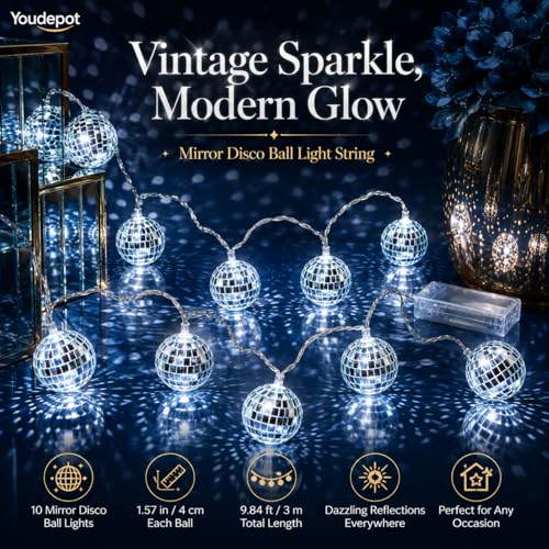 Bola espejada de 16 pulgadas Youdepot y luces de cuerda para bolas espejadas, decoración plateada para bodas, Navidad, fiestas y habitaciones miniatura 2