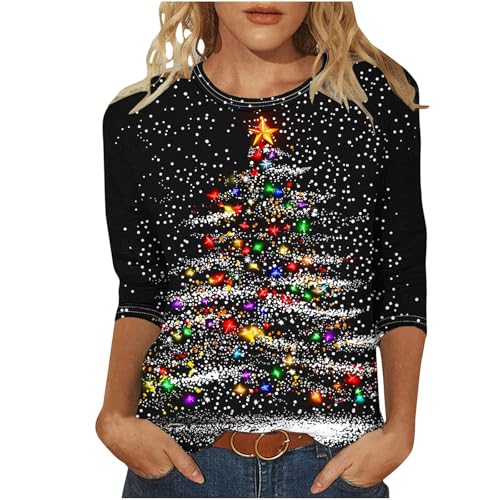 Image of Black Christmas T Shirts Women Plus Size 3/4 Sleeve Tops Crew Neck T Shirt Novelty Xmas Jumpers Christmas Tree T Shirt Funny Ugly Tops Ladies Xmas T Shirts Dressy Tunics Tops Pullover Blouse