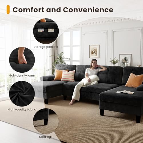 KKL Sectional Sofa Couch for Living Room, 112 Inches U Shaped Couch with Storage, Home Sofas with Chaise, Modern Comfy Couches for Apartment, Living Room Furniture, Chenille, Black - Thumbnail 4