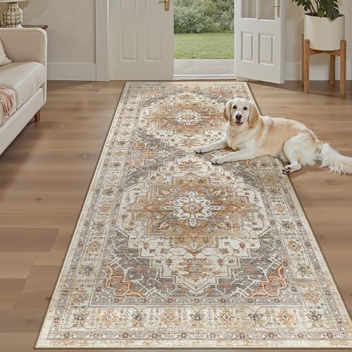 Madane Hallway Runner Rug 4x8 Wide: Washable Thin Runners for Hallways Entry, Non Slip Soft Vintage Kitchen Rugs Low Pile Carpet Runners for Living Room Bedroom Dining Room Foyer (Turmeric/Grey,4x8)