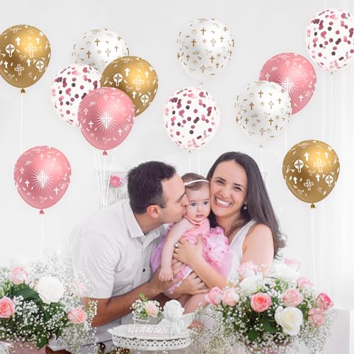 WATINC 36Pcs God Bless Balloons Kit, Pink Gold Baptism Balloon First Communion Holy Decorations, Religious Christian Balloon for Baby Shower Birthday Wedding Bachelorette Party Backdrop (12 inch) - Thumbnail 5