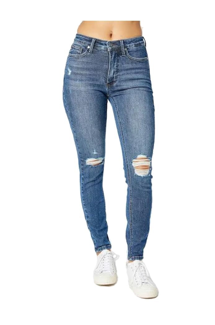 Women's Mid Rise Tummy Control Destroy Skinny Denim Jeans, 88798