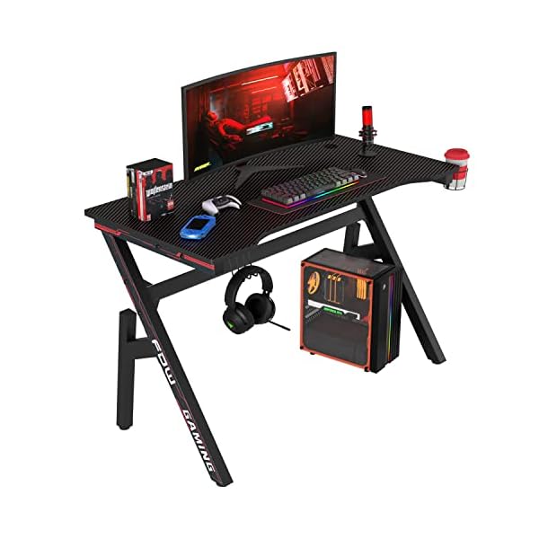 Gaming Desk Computer Desk 47 Inch Home Office Desk Extra Large Modern Ergonomic Black PC Carbon Fiber Table Gamer Workstation with Cup Holder Headphone Hook