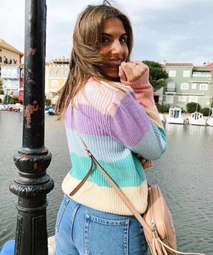 LOAIHA Striped Sweater for Women Turtleneck Sweater Striped Patchwork Casual Knitted Long Sleeve Color Block Fall Pullover3