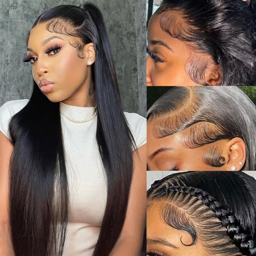 ONETIDE 13x4 Lace Front Wigs Human Hair Straight 22 Inch Full Lace Frontal Wig for Women Free Part 13x4 Ear to Ear Brazilian Straight Human Hair Wigs Pre Plucked Natural Black Color(22 Inch) - Image 2