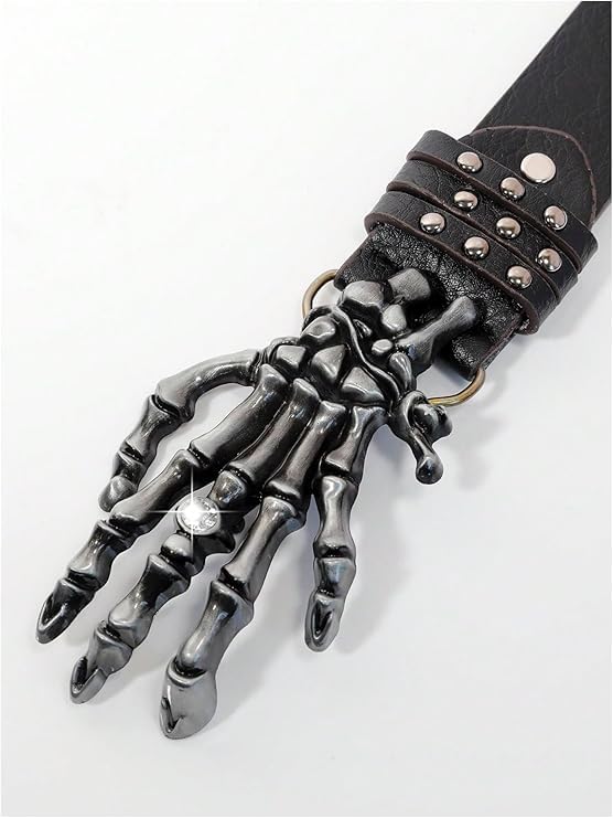 Skeleton Hand Buckle Studded Leather Belt – Adjustable Punk Rock Gothic Y2K Waist Belt for Jeans, Streetwear4