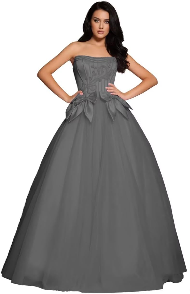 Strapless Prom Dresses for Women Formal Bow Ball Gown Homecoming Dresses for Teens