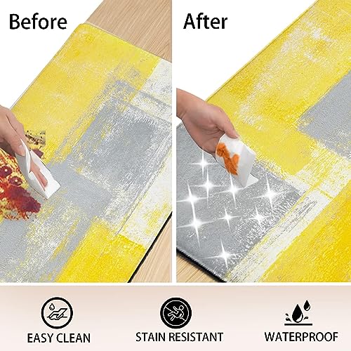 Yellow Kitchen Rugs And Mats Sets 2 Piece Yellow Grey Anti-Fatigue Kitchen Floor Mats 2/5 Inch Thick Abstract Painting Non-Slip Kitchen Mat Pvc Washable Comfort Mat For Kitchen, 17X28+17X47 Inch #TOP4