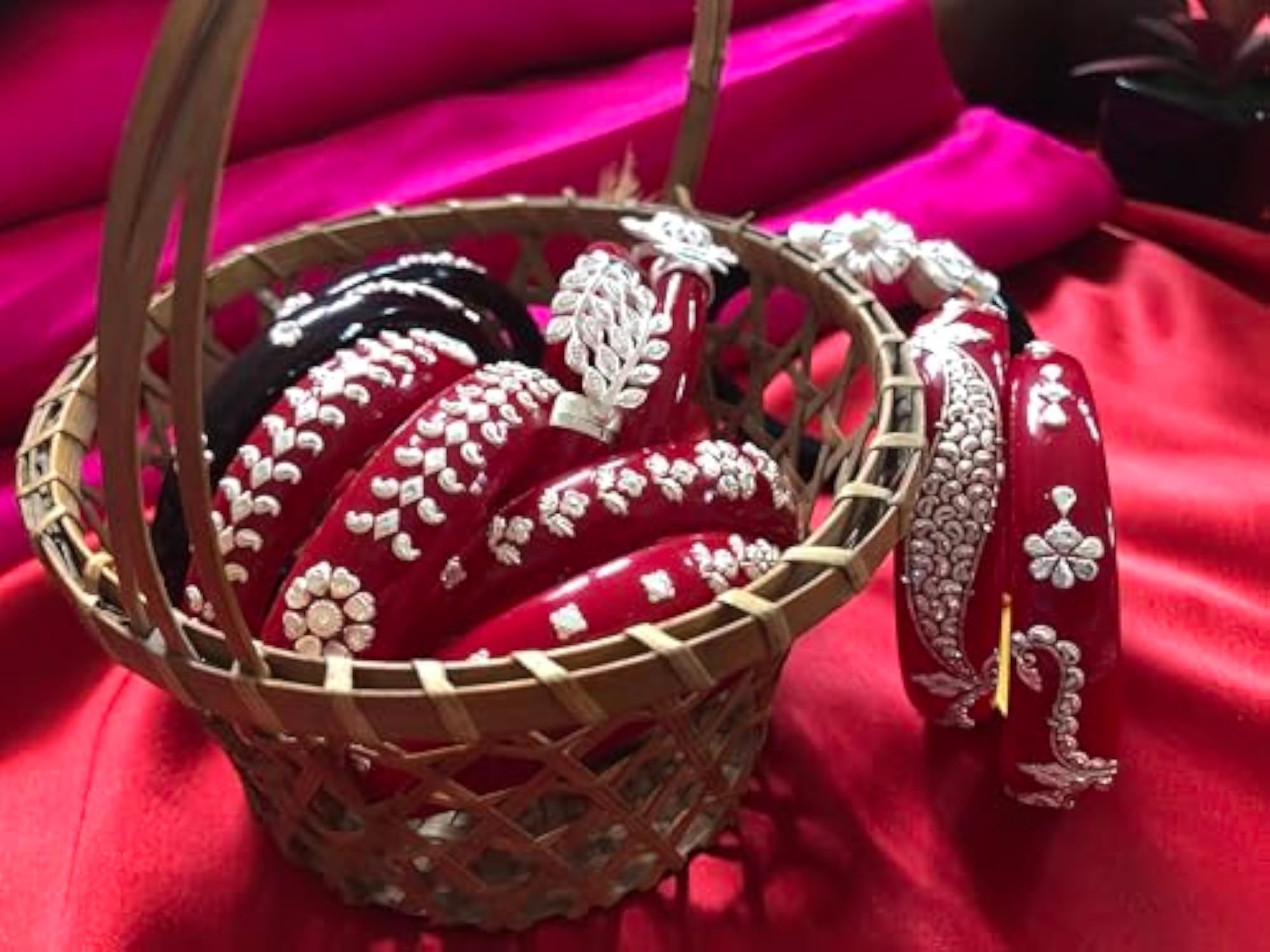 Silver Dark Red Mohini Pola Bangle Set, Pack of 2