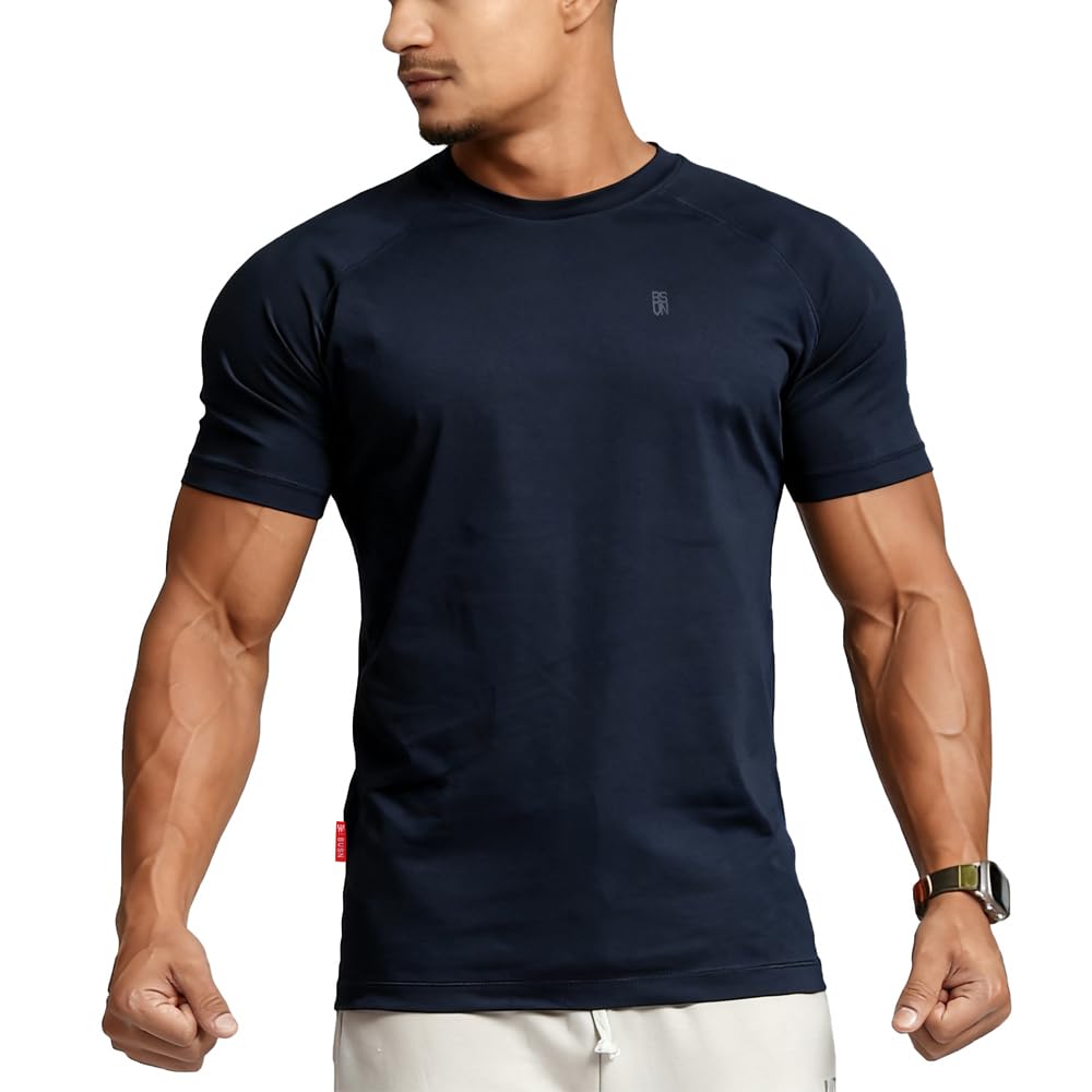 BVSN Men's Cotton Short Sleeve Raglan Crew Neck Gym Workout Athletic Tee | Breathable rag…
