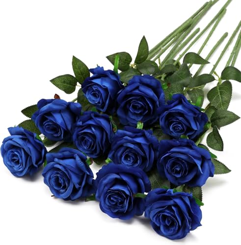 Image of Dekorly Artificial Fake Roses Flowers - 10 Pcs Fake Artificial Roses Silk Flowers with Stems for Home Room Tabletop Wedding Hotel Office Centerpiece Decor | Height 18 Inch (Blue)